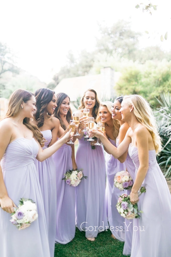 A-line Lilac Chiffon Strapless Long Custom Bridesmaid Dresses , BN1342