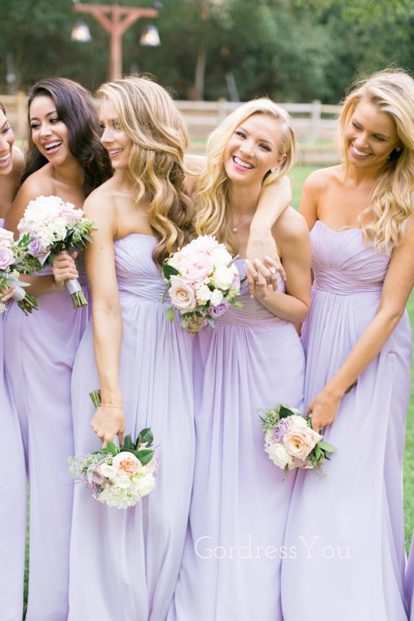 A-line Lilac Chiffon Strapless Long Custom Bridesmaid Dresses , BN1342