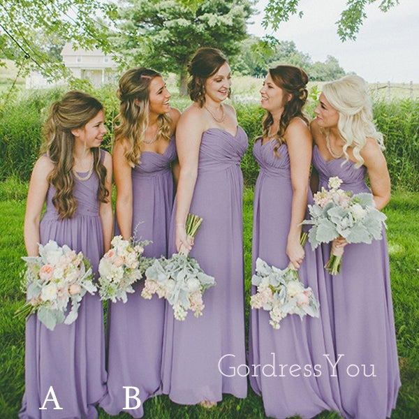 Simple A-line Purple Chiffon Strapless Long Custom Bridesmaid Dresses , BN1343