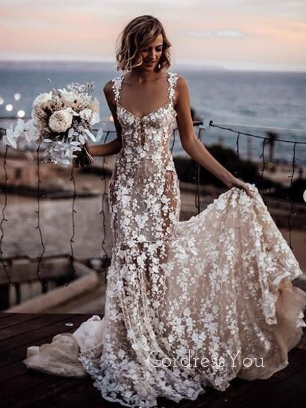 Unique Ivory Tulle Appliques Mermaid Long Wedding Dresses, Custom Wedding Dress, GR0012