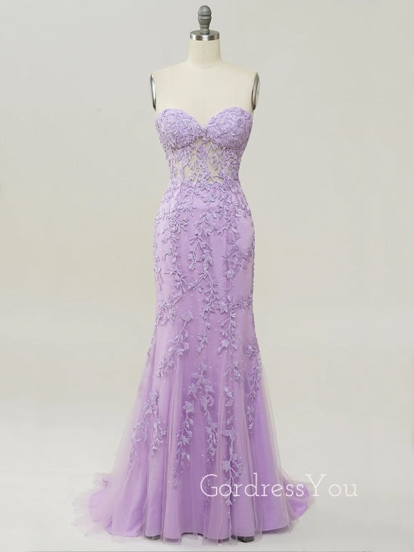 Sweet Heart Mermaid Lilac Tulle Appliques Long Evening Prom Dresses, Custom Strapless Prom Dress, GR0013