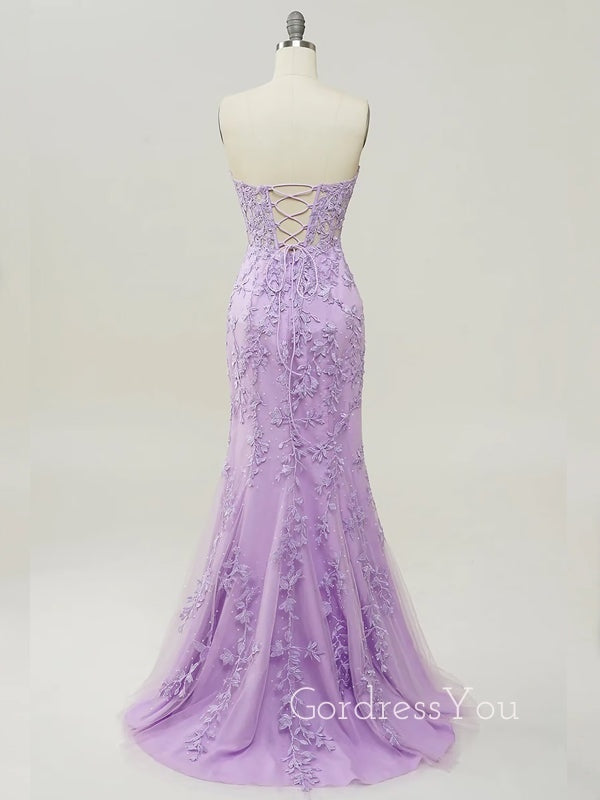 Sweet Heart Mermaid Lilac Tulle Appliques Long Evening Prom Dresses, Custom Strapless Prom Dress, GR0013