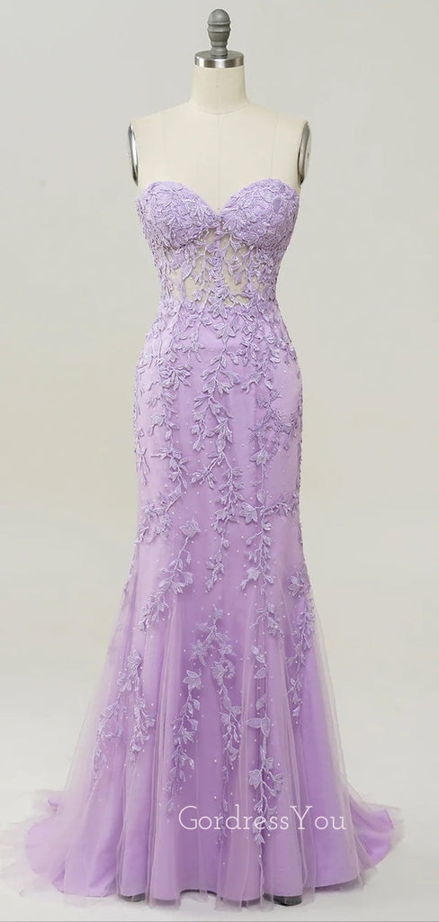 Sweet Heart Mermaid Lilac Tulle Appliques Long Evening Prom Dresses, Custom Strapless Prom Dress, GR0013