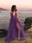 Simple Purple Tulle A-line Long Evening Prom Dresses, Custom Spaghetti Straps Prom Dress, GR0014