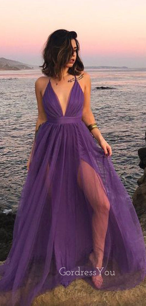 Simple Purple Tulle A-line Long Evening Prom Dresses, Custom Spaghetti Straps Prom Dress, GR0014