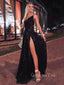 Simple One Shoulder Black Sequins Sparkly Long Evening Prom Dresses, Custom Side Slit Prom Dress, GR0016