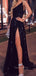 Simple One Shoulder Black Sequins Sparkly Long Evening Prom Dresses, Custom Side Slit Prom Dress, GR0016