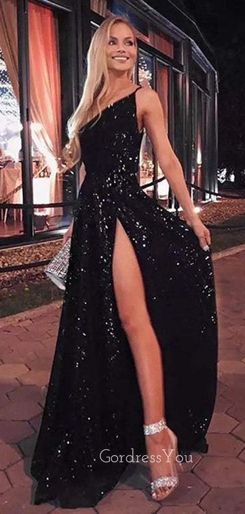 Simple One Shoulder Black Sequins Sparkly Long Evening Prom Dresses, Custom Side Slit Prom Dress, GR0016