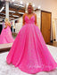 A-line Hot Pink Sequins Sparkly Long Evening Prom Dresses, Custom Spaghetti Straps Prom Dress, GR0019