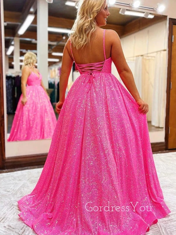 A-line Hot Pink Sequins Sparkly Long Evening Prom Dresses, Custom Spaghetti Straps Prom Dress, GR0019