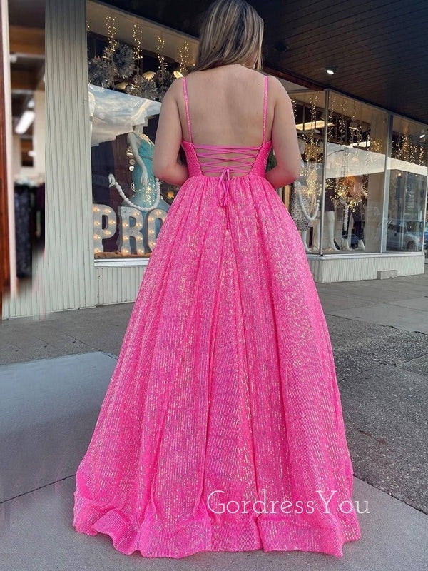 A-line Hot Pink Sequins Sparkly Long Evening Prom Dresses, Custom Spaghetti Straps Prom Dress, GR0019