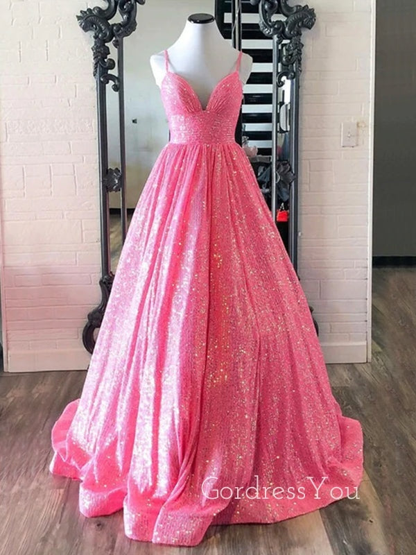 A-line Hot Pink Sequins Sparkly Long Evening Prom Dresses, Custom Spaghetti Straps Prom Dress, GR0019