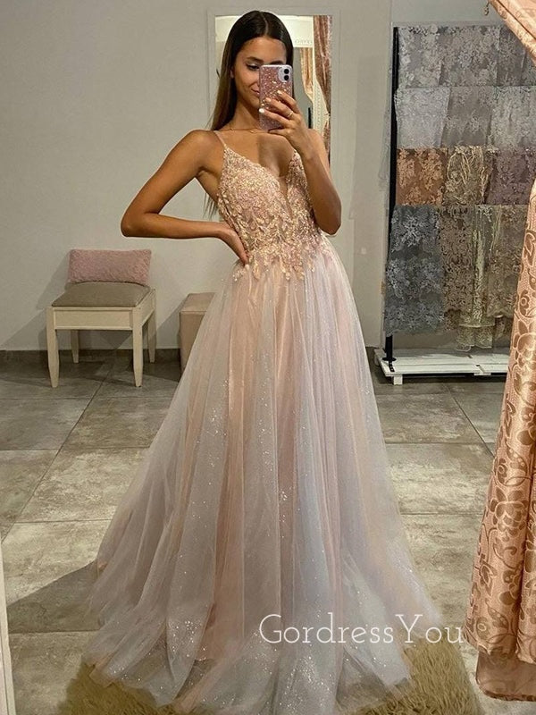 A-line Tulle Sparkly Beaded V-neck Long Evening Prom Dresses, Custom Prom Dress, GR0021