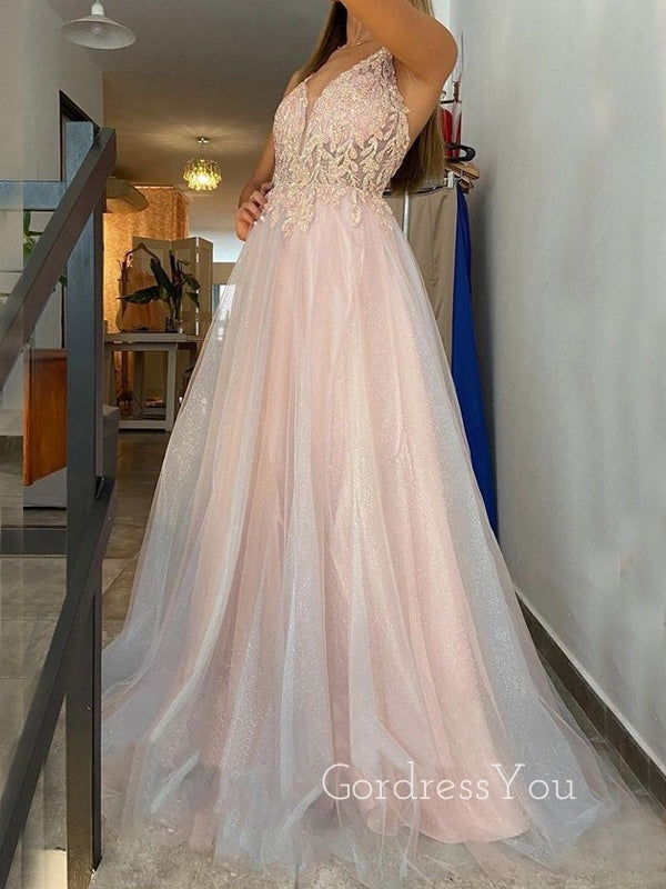 A-line Tulle Sparkly Beaded V-neck Long Evening Prom Dresses, Custom Prom Dress, GR0021