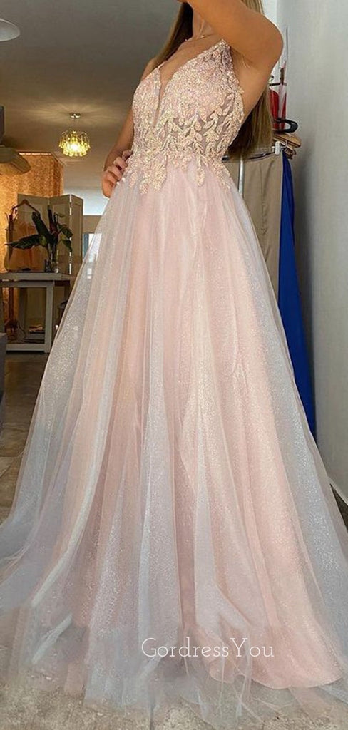 A-line Tulle Sparkly Beaded V-neck Long Evening Prom Dresses, Custom Prom Dress, GR0021