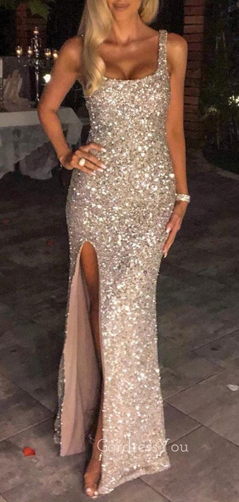 Mermaid Sequins Sparkly Side Slit Straps Long Evening Prom Dresses, Custom Prom Dress, GR0022