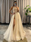 A-line Tulle Sequins One Shoulder Long Evening Prom Dresses, Custom Side Slit Prom Dress, GR0024