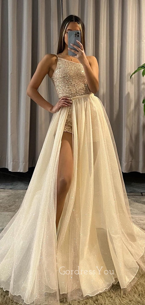 A-line Tulle Sequins One Shoulder Long Evening Prom Dresses, Custom Side Slit Prom Dress, GR0024