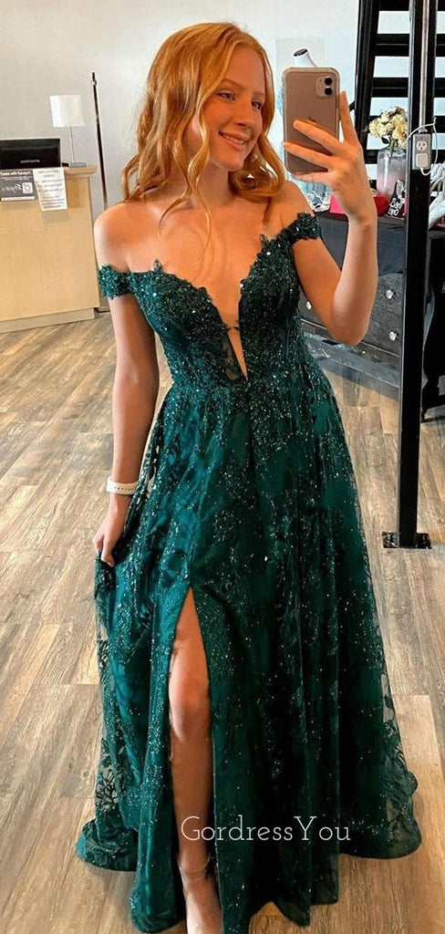 Off Shoulder Dark Green Tulle Appliques Long Evening Prom Dresses, Custom Deep V-neck Prom Dress, GR0025