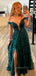 Off Shoulder Dark Green Tulle Appliques Long Evening Prom Dresses, Custom Deep V-neck Prom Dress, GR0025