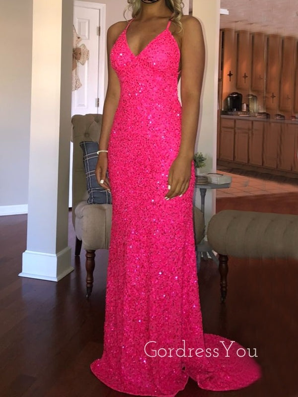 Simple Mermaid Hot Pink Sequins Sparkly Long Evening Prom Dresses, Custom Spaghetti Straps Prom Dress, GR0026