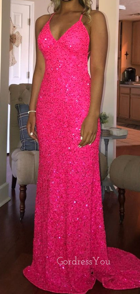 Simple Mermaid Hot Pink Sequins Sparkly Long Evening Prom Dresses, Custom Spaghetti Straps Prom Dress, GR0026