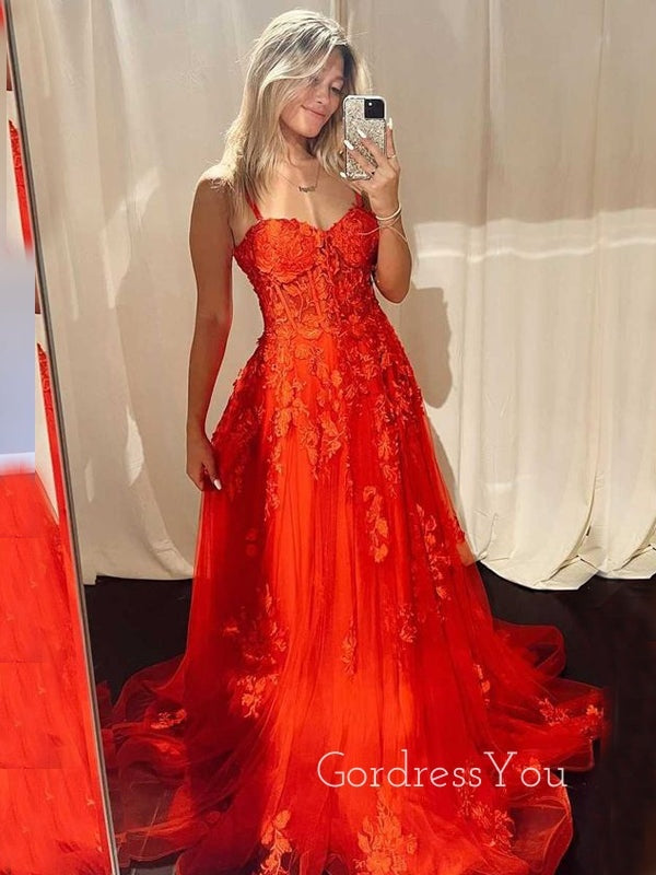 A-line Red Tulle Appliques Spaghetti Straps Long Evening Prom Dresses, Custom Prom Dress, GR0027