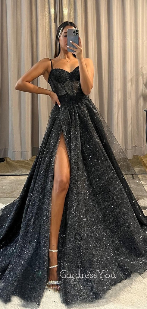 Black Tulle Sparkly Sweetheart A-line Long Evening Prom Dresses, Custom Prom Dress, GR0032