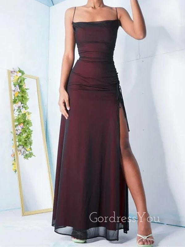 Black Red Chiffon Mermaid Spaghetti Straps Long Evening Prom Dresses, Custom Prom Dress, GR0002