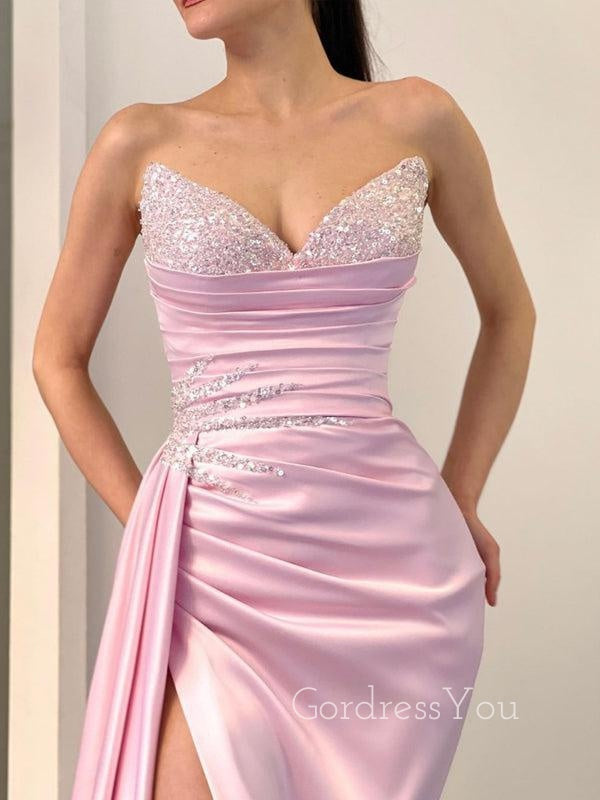 Pink Satin Beaded Strapless Long Evening Prom Dresses, Custom V-neck Prom Dress, GR0003