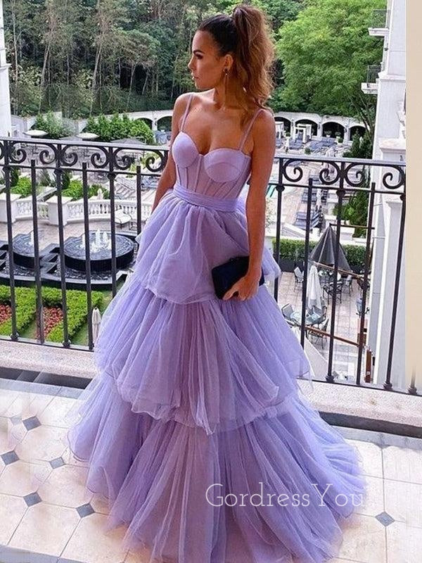 A-line Tulle Spaghetti Straps Long Evening Prom Dresses, Custom Sweet Heart Prom Dress, GR0004