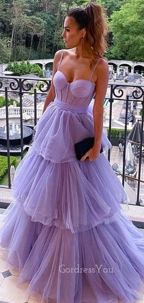 A-line Tulle Spaghetti Straps Long Evening Prom Dresses, Custom Sweet Heart Prom Dress, GR0004