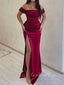 Off Shoulder Burgundy Satin High Slit Long Evening Prom Dresses, Custom Mermaid Prom Dress, GR0009