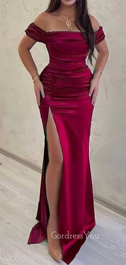 Off Shoulder Burgundy Satin High Slit Long Evening Prom Dresses, Custom Mermaid Prom Dress, GR0009