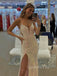 Simple Sequins V-neck Side Slit Long Evening Prom Dresses, Custom Mermaid Prom Dress, GR0035