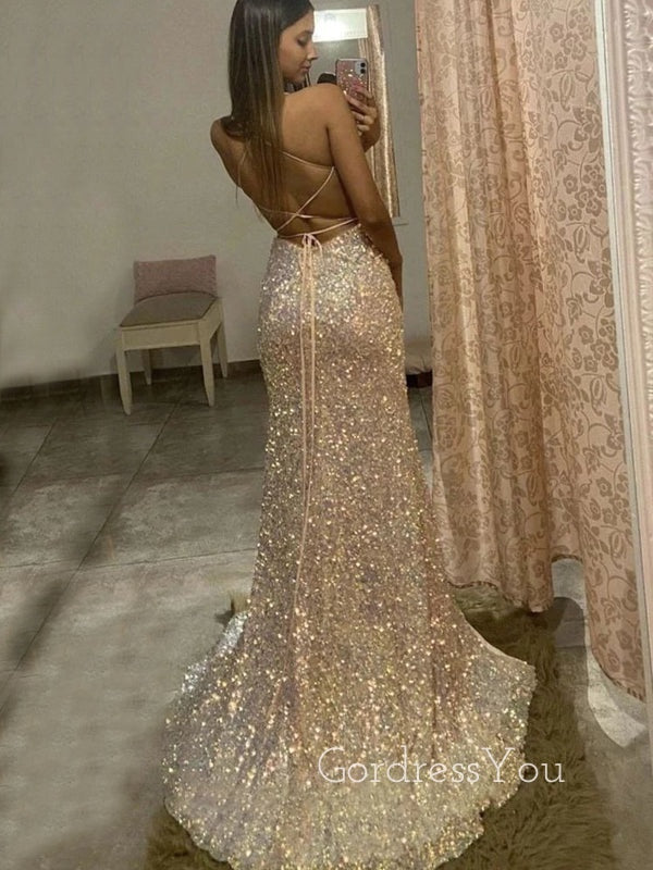 Simple Sequins V-neck Side Slit Long Evening Prom Dresses, Custom Mermaid Prom Dress, GR0035