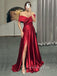 Off Shoulder Red Satin A-line Long Evening Prom Dresses, Custom Side Slit Prom Dress, GR0037