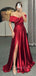 Off Shoulder Red Satin A-line Long Evening Prom Dresses, Custom Side Slit Prom Dress, GR0037