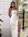 Simple Ivory Satin Mermaid Strapless Long Evening Prom Dresses, Custom Side Slit Prom Dress, GR0038