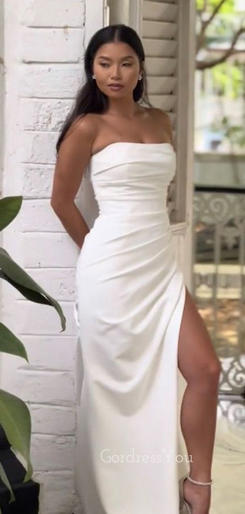 Simple Ivory Satin Mermaid Strapless Long Evening Prom Dresses, Custom Side Slit Prom Dress, GR0038