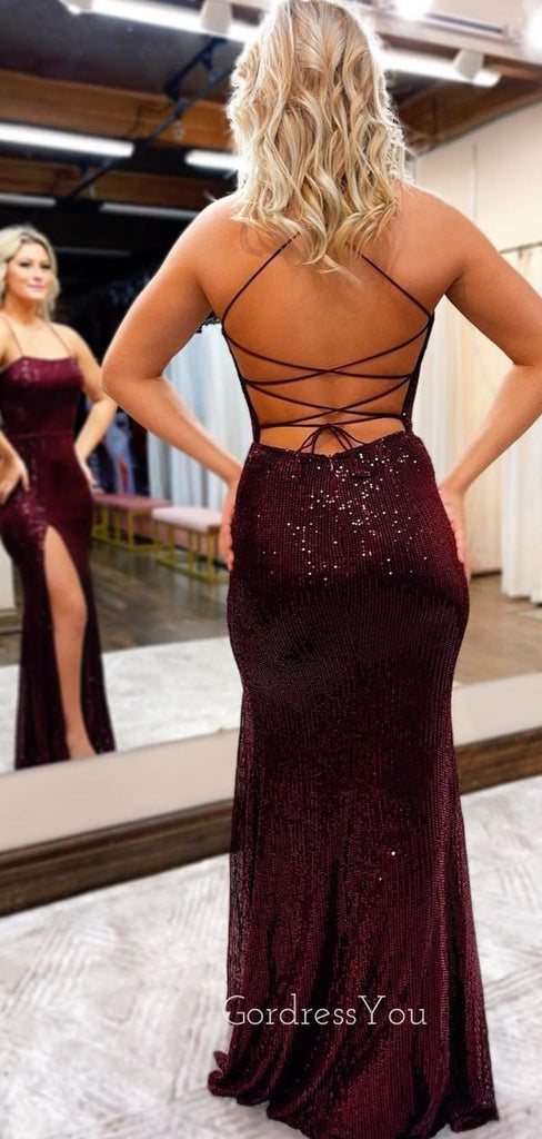 Simple Sequins Spaghetti Straps Long Mermaid Evening Prom Dresses, Custom Side Slit Prom Dress, GR0039