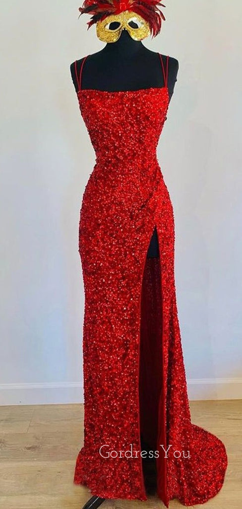 Spaghetti Straps Red Sequins High Slit Long Evening Prom Dresses, Custom Mermaid Prom Dress, GR0040