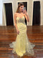 Sweet Heart Yellow Tulle Appliques Mermaid Strapless Long Evening Prom Dresses, Custom Prom Dress, GR0044