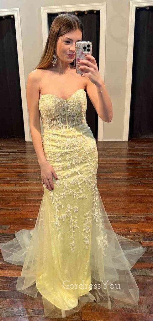 Sweet Heart Yellow Tulle Appliques Mermaid Strapless Long Evening Prom Dresses, Custom Prom Dress, GR0044