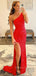 One Shoulder Red Sequins Side Slit Mermaid Long Evening Prom Dresses, Custom Prom Dress, GR0045