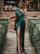 One Shoulder Dark Green Satin Mermaid Long Evening Prom Dresses, Custom Side Slit Prom Dress, GR0047