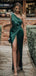 One Shoulder Dark Green Satin Mermaid Long Evening Prom Dresses, Custom Side Slit Prom Dress, GR0047