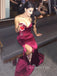 Simple Burgundy Satin Mermaid Strapless Long Evening Prom Dresses, Custom Side Slit Prom Dress, GR0049