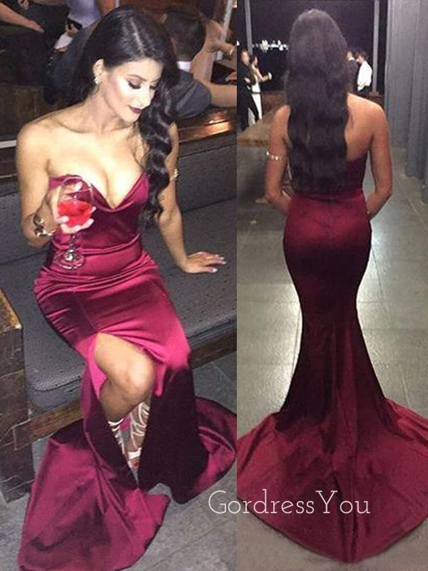 Simple Burgundy Satin Mermaid Strapless Long Evening Prom Dresses, Custom Side Slit Prom Dress, GR0049