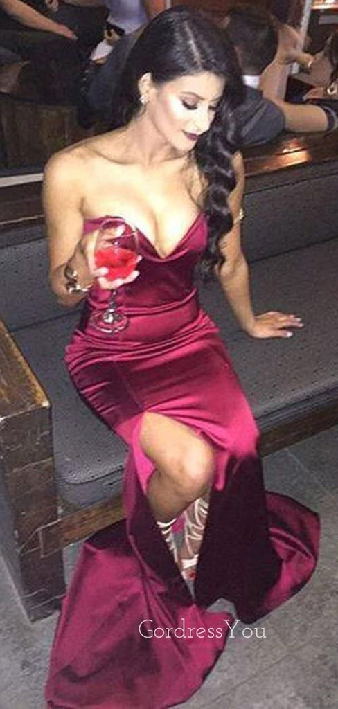 Simple Burgundy Satin Mermaid Strapless Long Evening Prom Dresses, Custom Side Slit Prom Dress, GR0049